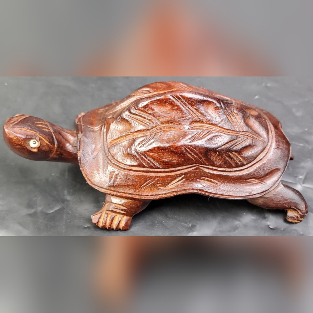 Hand Carved Wood 4" Turtle Figurine Glass Eyes Red Wood - EUC